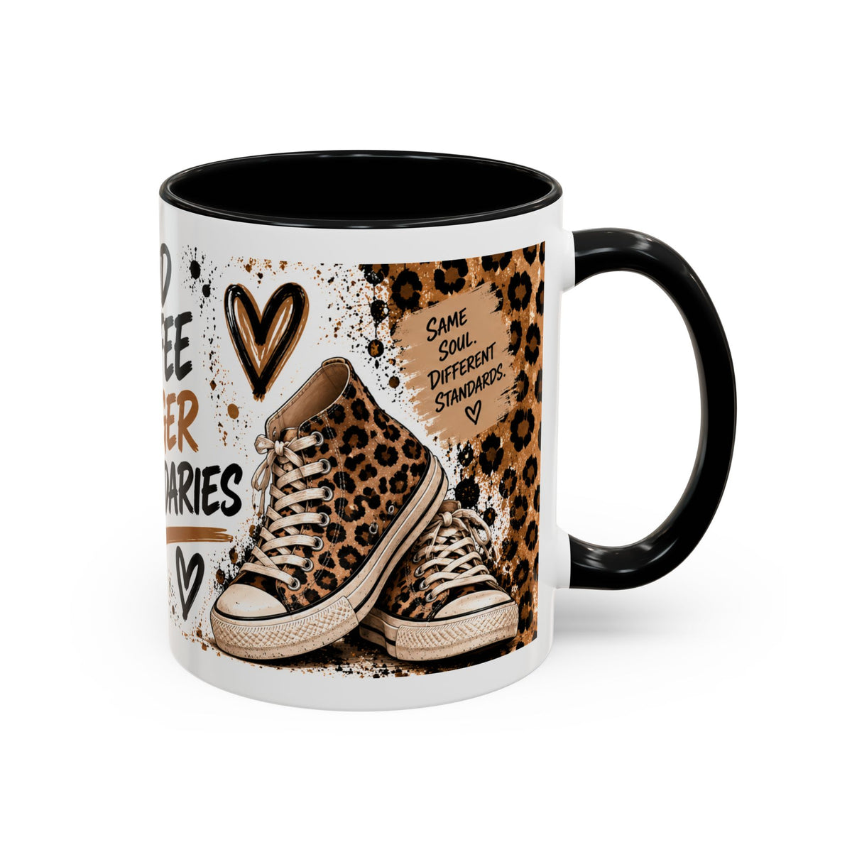 Good Coffee Bigger Boundaries Accent Mug — Leopard Sneaker Coffee Quote (11/15oz)