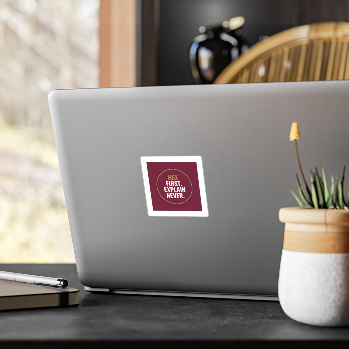 Kiss-Cut Vinyl Decal — “Hex First. Explain Never.” Bold Maroon Sticker for Laptops, Water Bottles & Windows