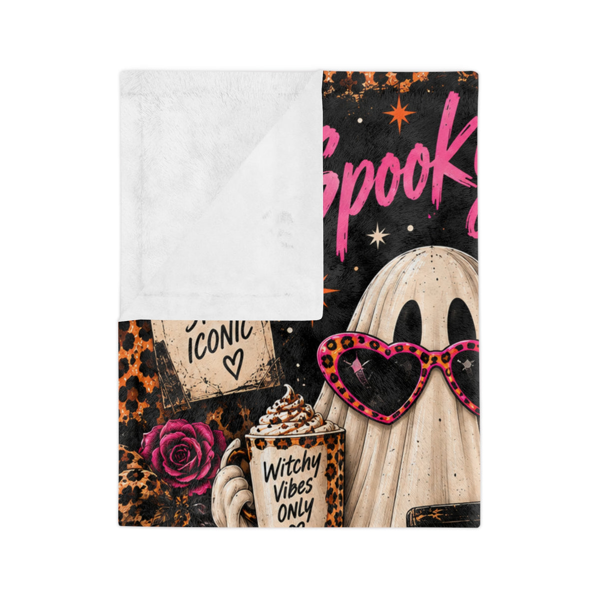 Spooky Girls Club Velveteen Blanket — Halloween Leopard Pumpkin Ghost Throw
