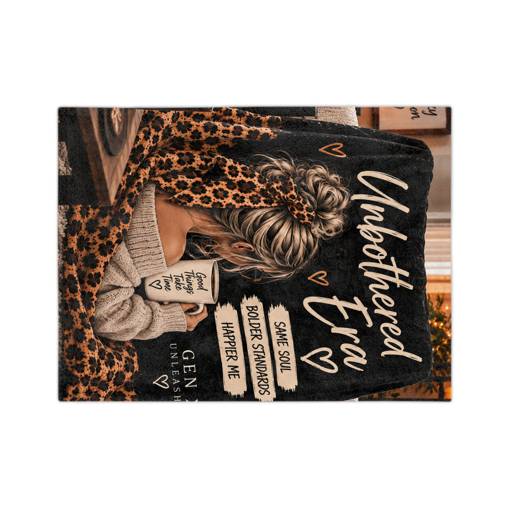 Unbothered Era Microfiber Blanket — Cozy Leopard Throw with 'Same Soul, Bolder Standards, Happier Me' Design