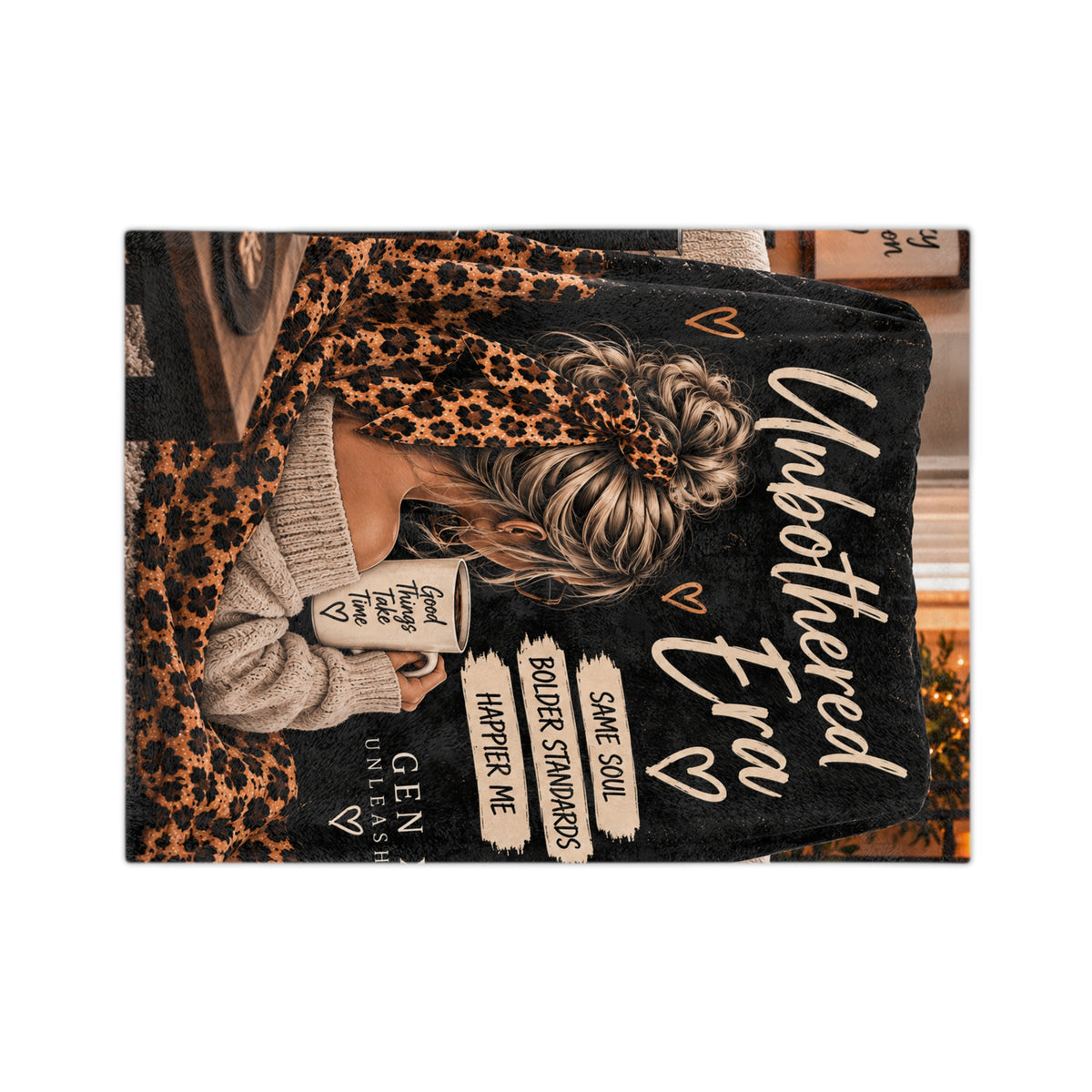 Unbothered Era Microfiber Blanket — Cozy Leopard Throw with 'Same Soul, Bolder Standards, Happier Me' Design
