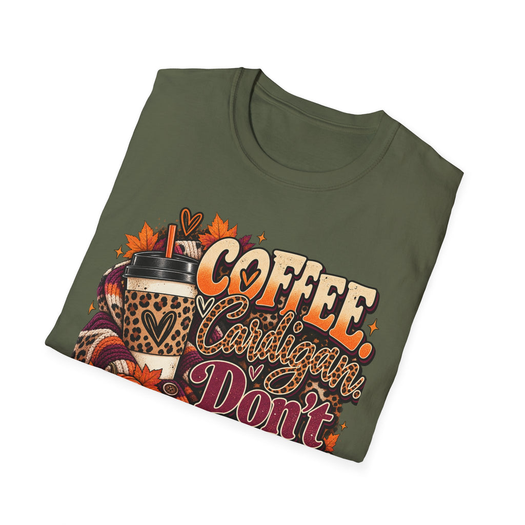 Coffee Cardigans Don’t Start T-Shirt — Retro Fall Coffee & Pumpkin Graphic Tee