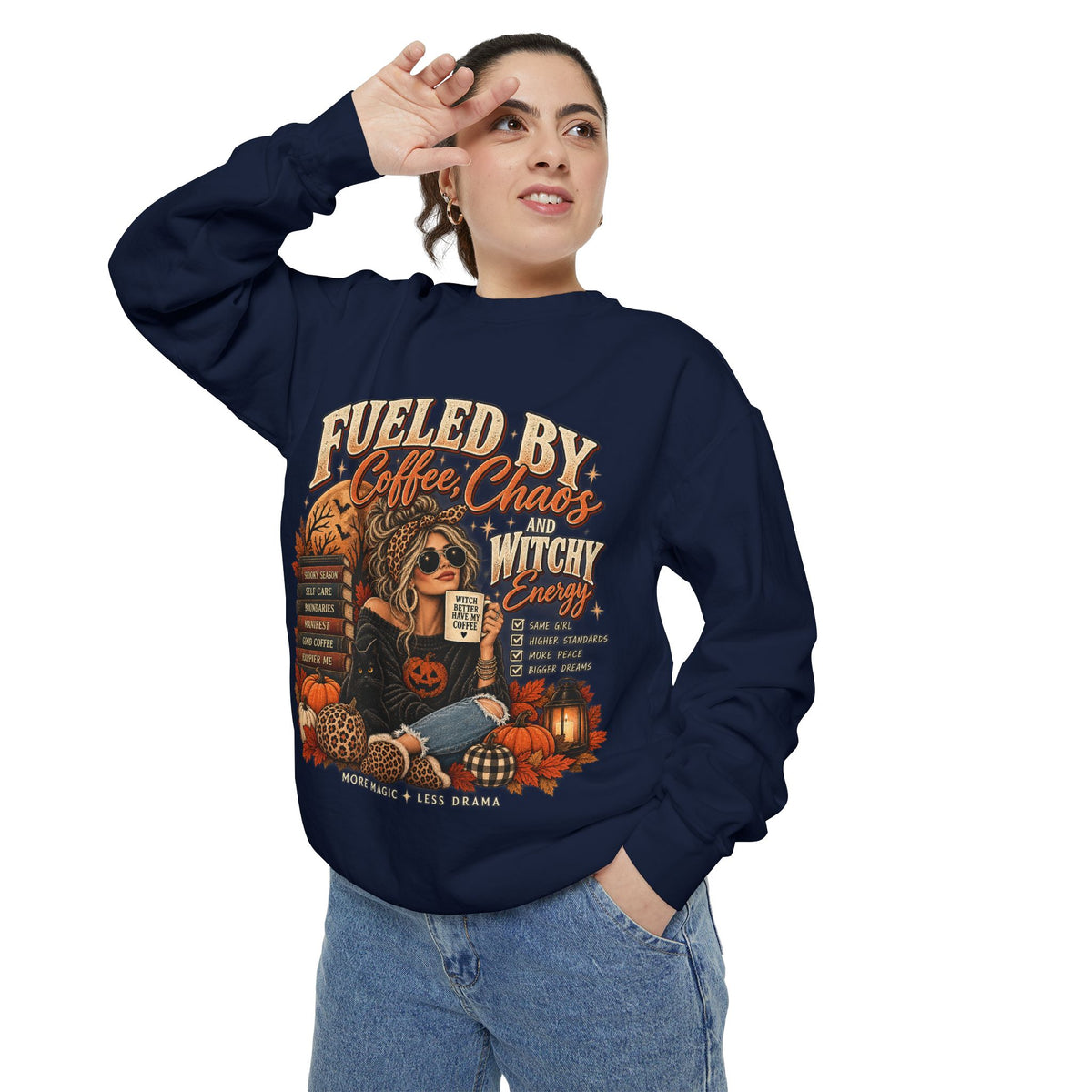 Fueled by Coffee Chaos & Witchy Energy Sweatshirt | Vintage Halloween Crewneck