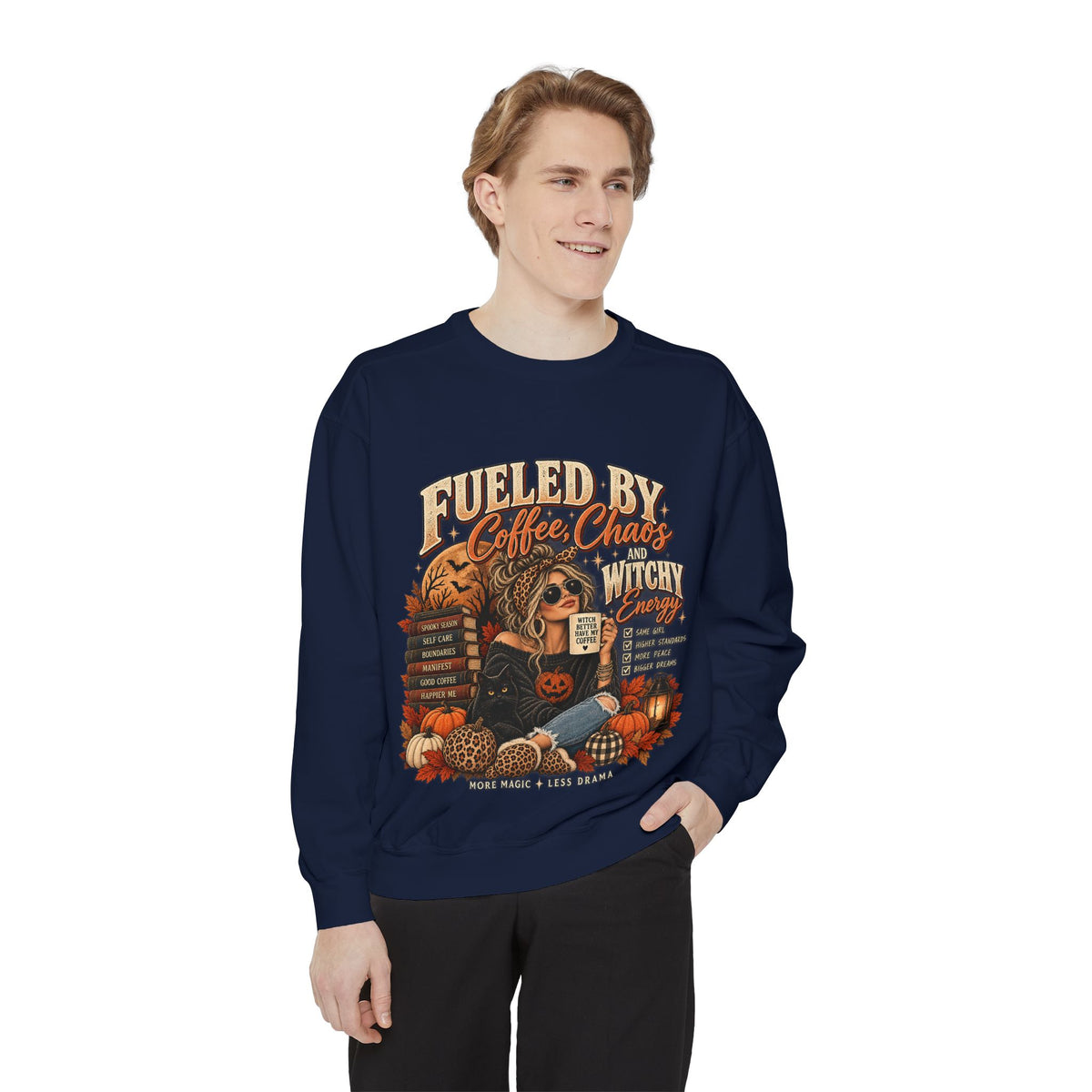 Fueled by Coffee Chaos & Witchy Energy Sweatshirt | Vintage Halloween Crewneck