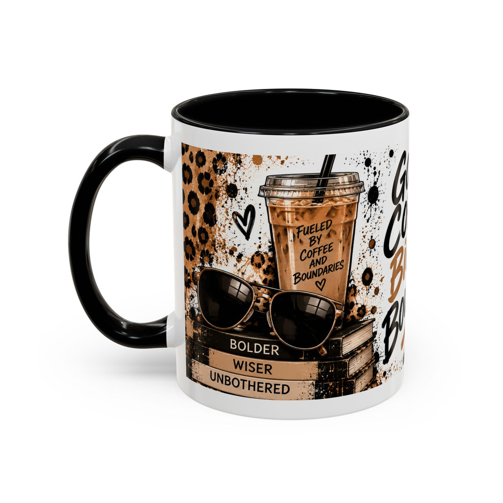 Good Coffee Bigger Boundaries Accent Mug — Leopard Sneaker Coffee Quote (11/15oz)