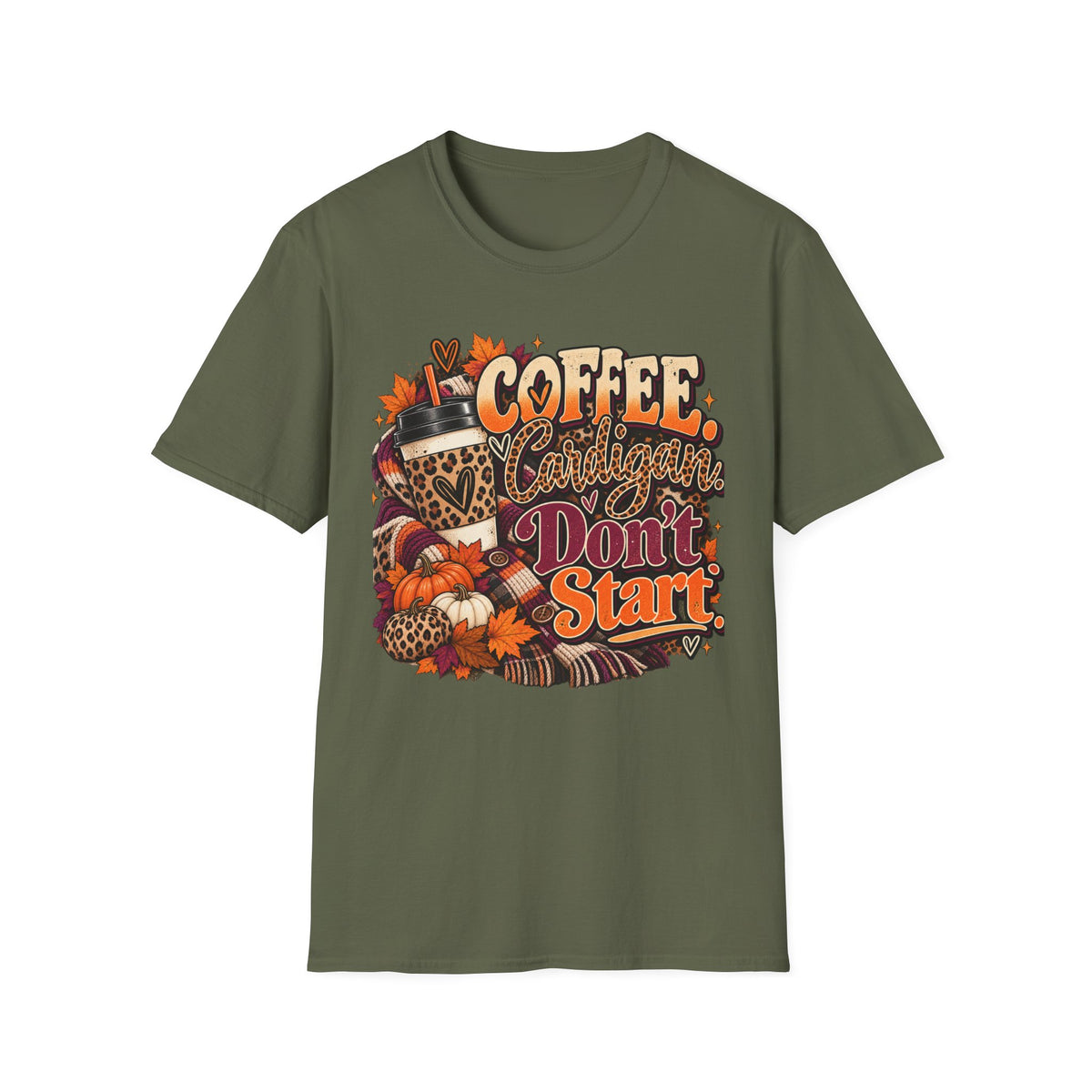 Coffee Cardigans Don’t Start T-Shirt — Retro Fall Coffee & Pumpkin Graphic Tee