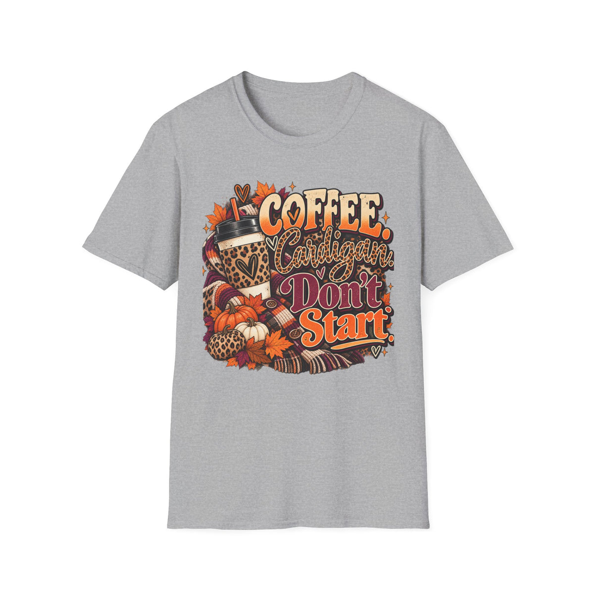 Coffee Cardigans Don’t Start T-Shirt — Retro Fall Coffee & Pumpkin Graphic Tee