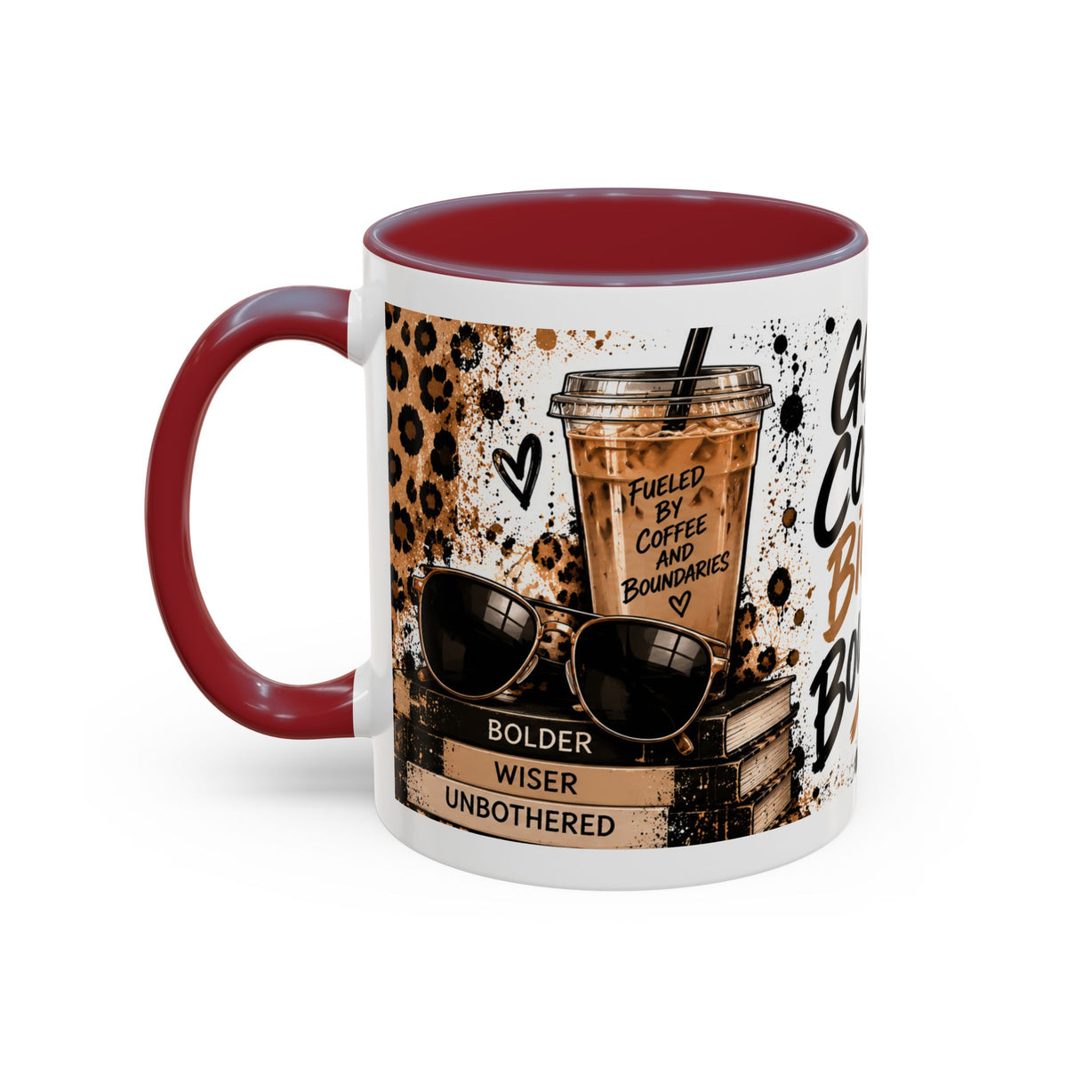 Good Coffee Bigger Boundaries Accent Mug — Leopard Sneaker Coffee Quote (11/15oz)