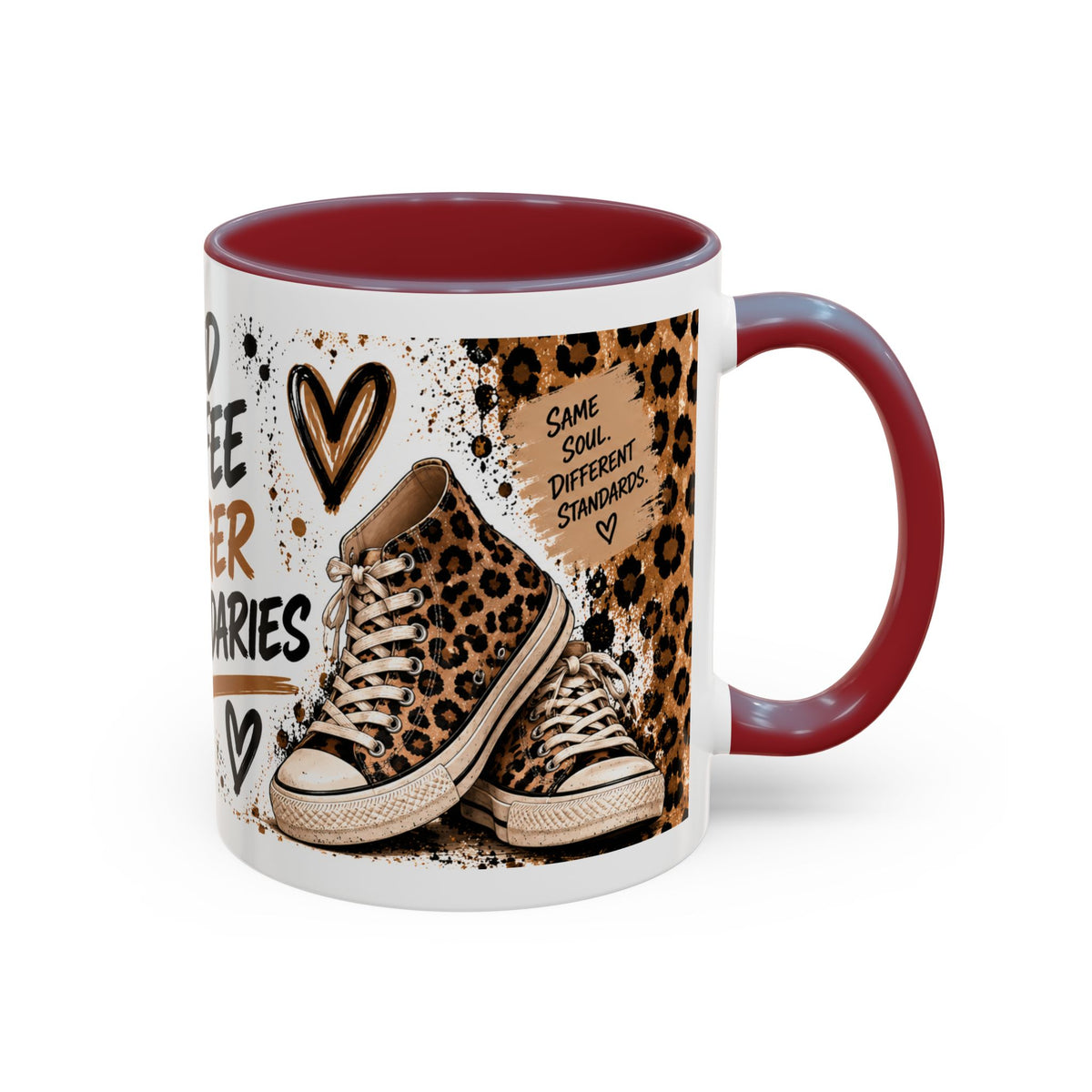 Good Coffee Bigger Boundaries Accent Mug — Leopard Sneaker Coffee Quote (11/15oz)