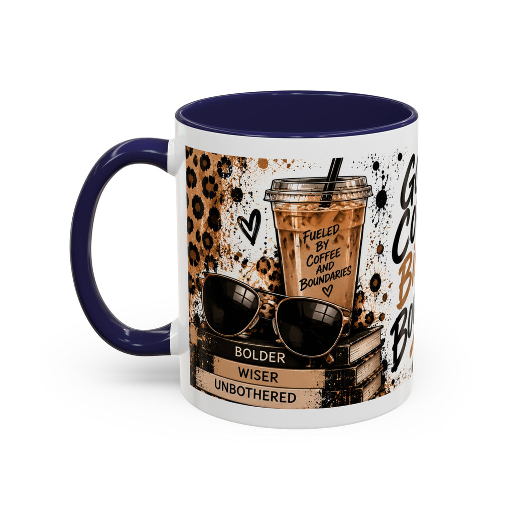 Good Coffee Bigger Boundaries Accent Mug — Leopard Sneaker Coffee Quote (11/15oz)