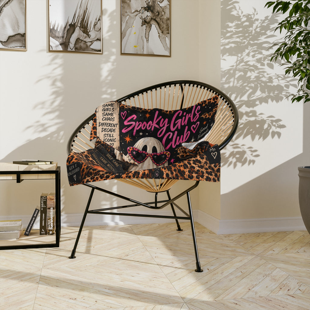 Spooky Girls Club Velveteen Blanket — Halloween Leopard Pumpkin Ghost Throw
