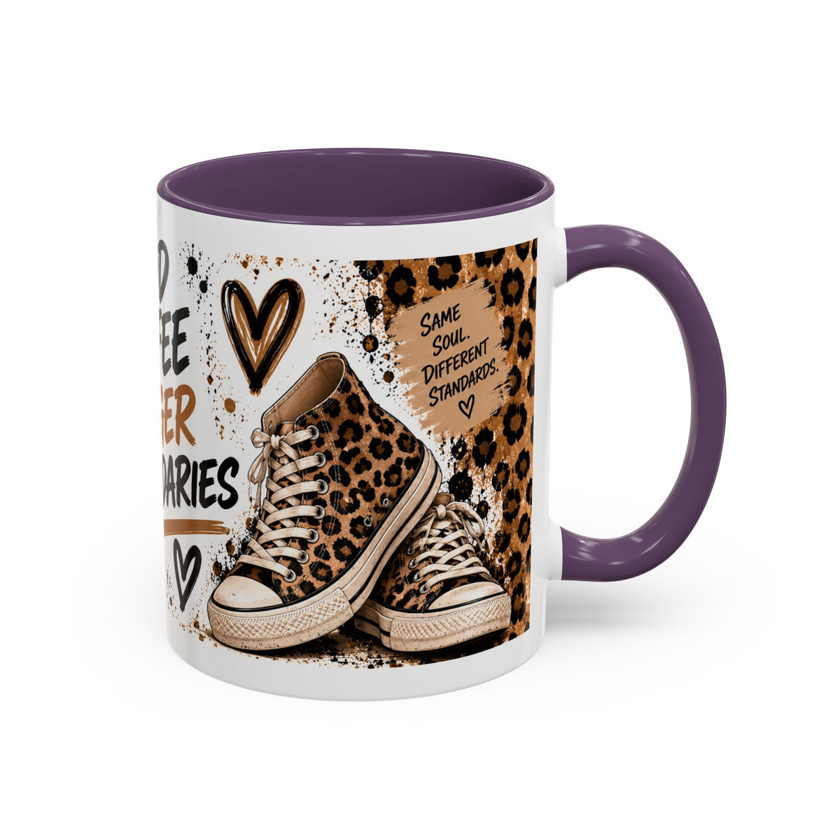 Good Coffee Bigger Boundaries Accent Mug — Leopard Sneaker Coffee Quote (11/15oz)