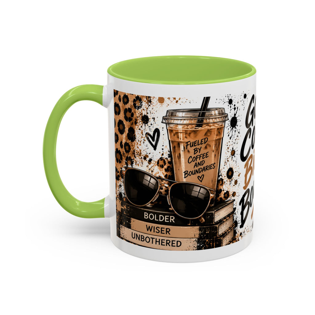 Good Coffee Bigger Boundaries Accent Mug — Leopard Sneaker Coffee Quote (11/15oz)