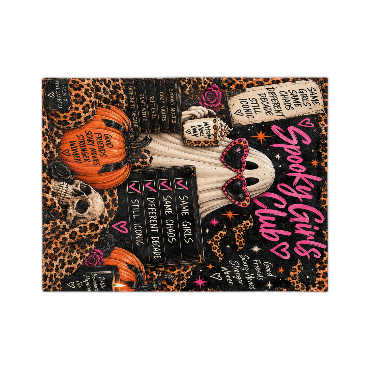 Spooky Girls Club Velveteen Blanket — Halloween Leopard Pumpkin Ghost Throw