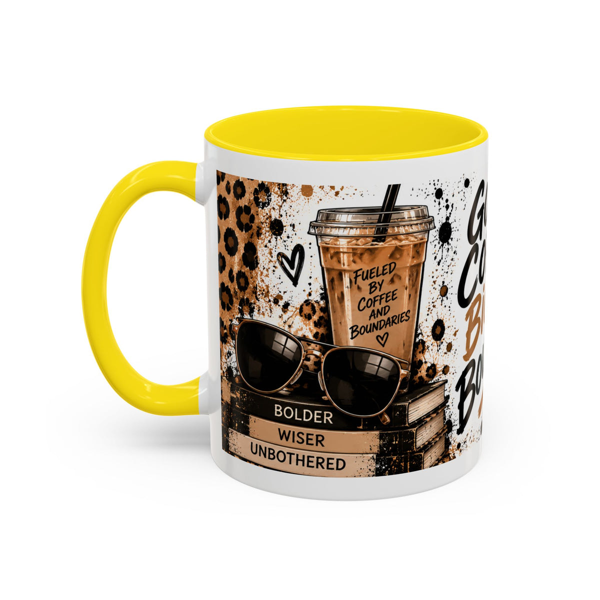 Good Coffee Bigger Boundaries Accent Mug — Leopard Sneaker Coffee Quote (11/15oz)