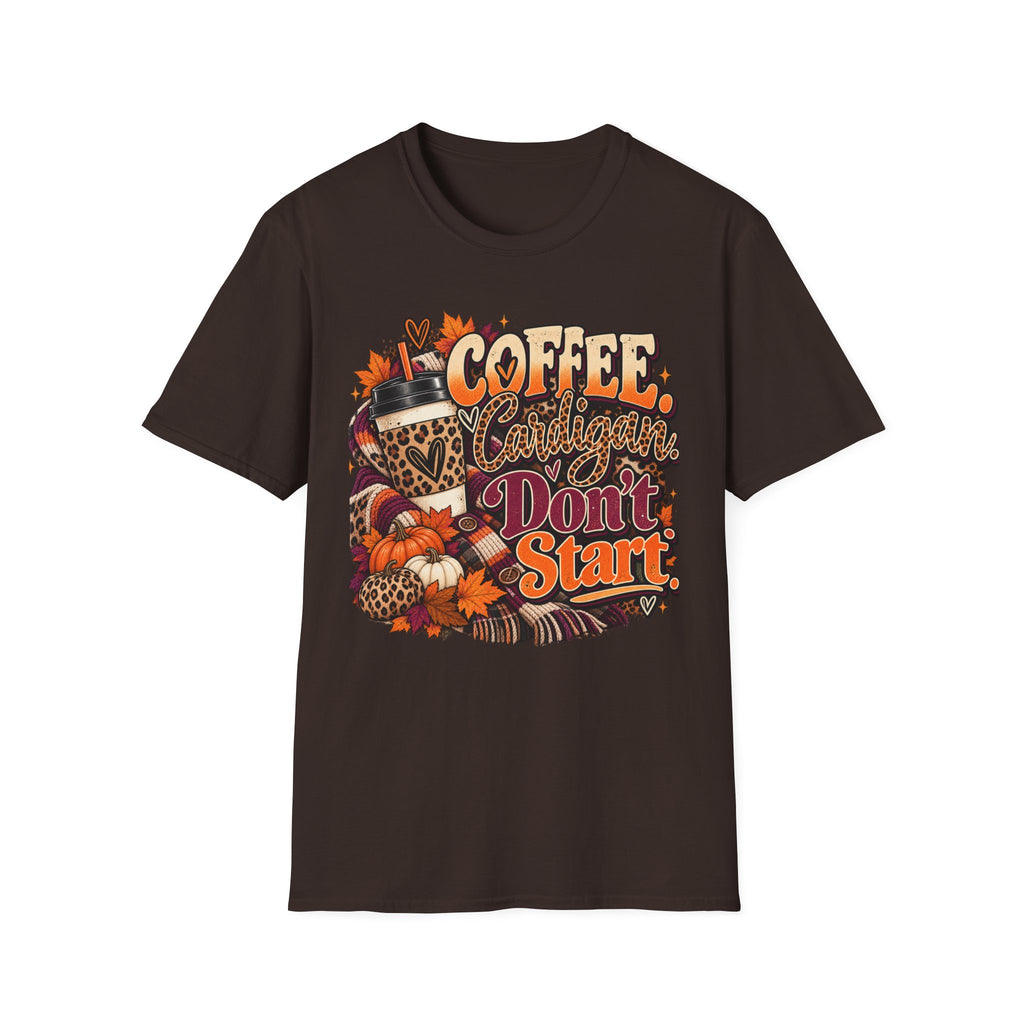 Coffee Cardigans Don’t Start T-Shirt — Retro Fall Coffee & Pumpkin Graphic Tee